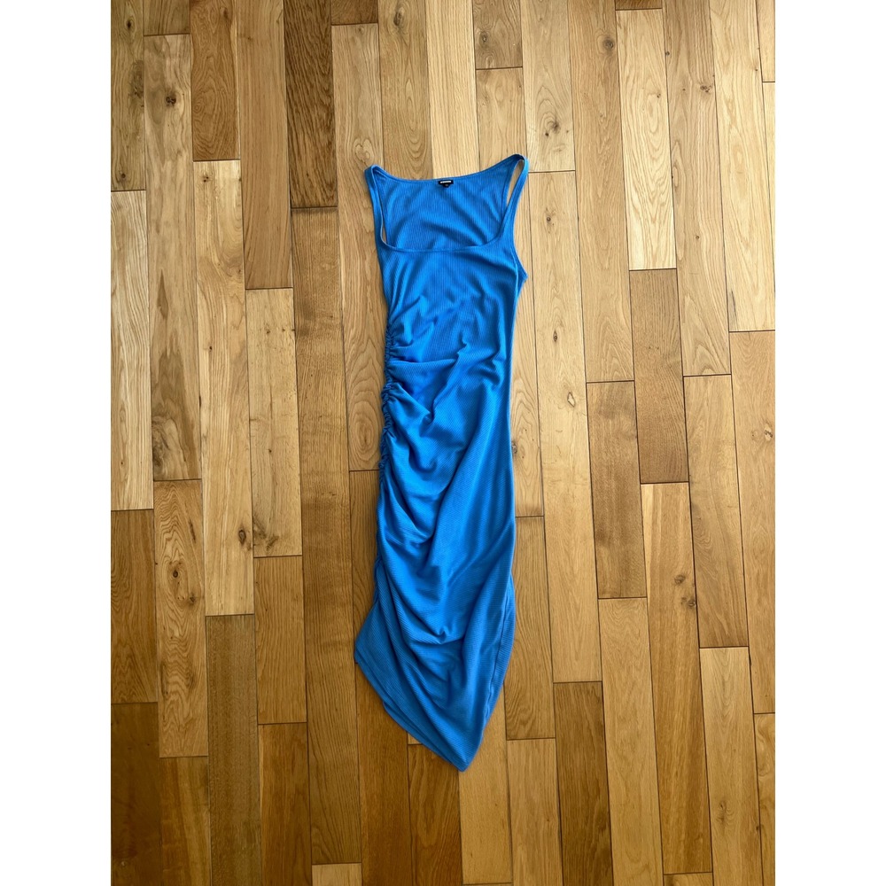 Monrow Organic Cotton Ruched Side Square Neck Tank Midi Dress Blue Womens XS